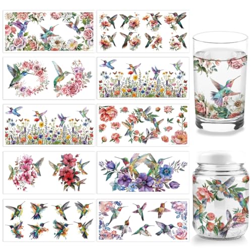 arricraft 10 Blatt UV DTF Cup Wrap Transferaufkleber 10 Stil 11x24cm Kolibri Blumen Zum Aufreiben Transfer Aufkleber Für 16 Unzen Glasbecher Möbel Basteln Holz DIY Basteln von arricraft
