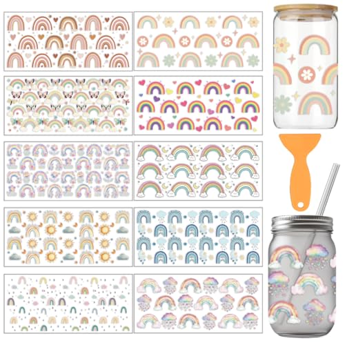 arricraft 10 Stück Fantasy Regenbogen Thema Tasse Druck UV Transfer Papiere 10 Stile Regenbogen Blumen Schmetterling Sonne Mond Wolke PVC DIY Wärmeübertragung Aufkleber Für 16 OZ Glas Tassen Handwerk von arricraft