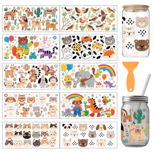 arricraft 10 Stück Whimsy Animal Theme PVC Cup Printing Transfer Sticker Cartoon Katze Hund Tier UV Wasserdichte Tasse Aufkleber Kit Für 16 oz Gläser Fenster Home Cup Druck Dekoration von arricraft