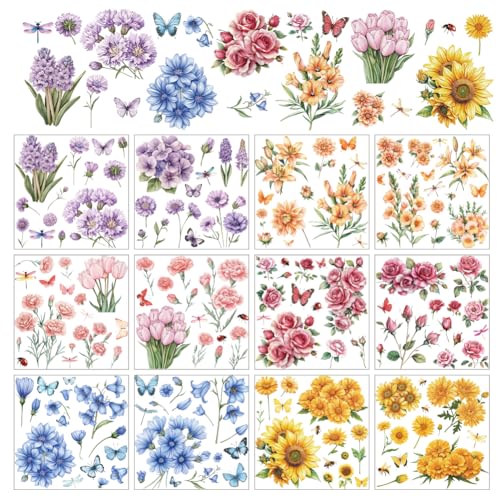 arricraft 12 Blatt Blumen Abziehbilder Zum Aufreiben Zum Basteln Transferaufkleber Mit Blumenzweigen Und Insekten PVC Zum Aufreiben Für Heimwerker Möbel Fenster Holz 14x14cm von arricraft