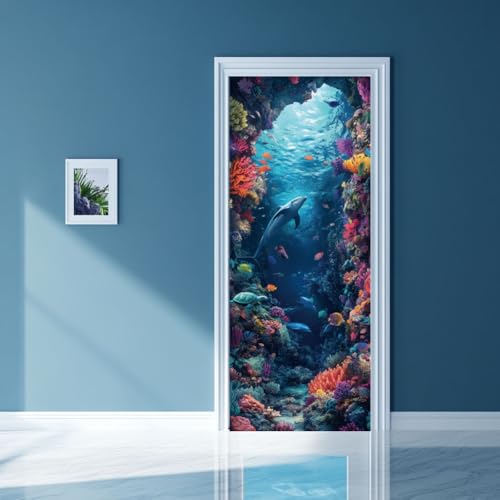 arricraft 2 Stück Selbstklebender Türaufkleber 80cm X 200cm /31.5"X78.7" Meerestiere Türaufkleber Delfine PVC Tür Abnehmbare Tapete Dekoration Für Schlafzimmer Wohnzimmer von arricraft