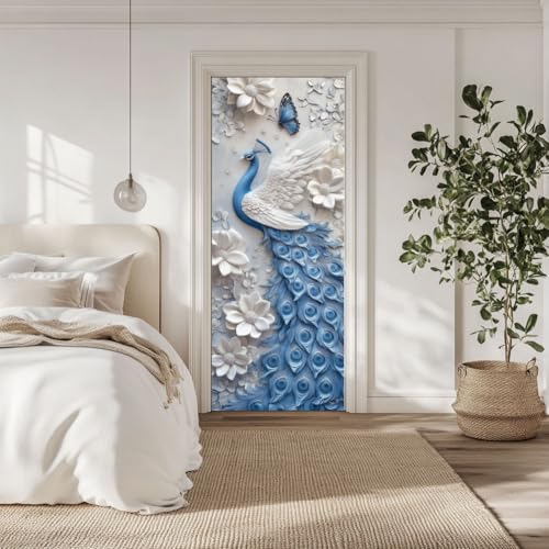 arricraft 2 Stück Selbstklebender Türaufkleber 80cm X 200cm /31.5"X78.7" Pfau Muster Tier Tür Wandbilder Aufkleber PVC Tür Abnehmbare Tapete Dekoration Für Schlafzimmer Wohnzimmer von arricraft