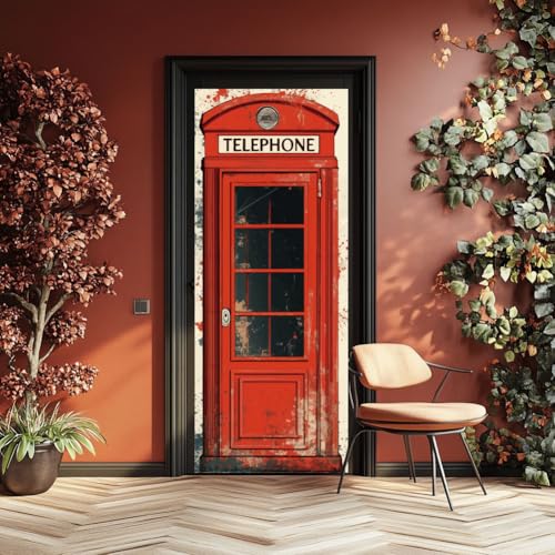 arricraft 2 Stück Selbstklebender Türaufkleber 80cm X 200cm /31.5"X78.7" rote Vintage Telefonzellen Türaufkleber Aus PVC Entfernbare Tapete Dekoration Für Schlafzimmer Wohnzimmer von arricraft