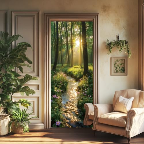 arricraft 2 Stück Selbstklebender Türaufkleber Türaufkleber Mit „Early Morning“ Design Und „Woods Creek Sunshine“ Muster Entfernbare PVC Türtapete Dekoration Für Schlafzimmer Und Wohnzimmer von arricraft