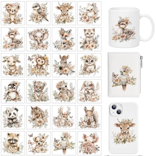 arricraft 24 Stück Boho Tiere Motiv UV Transferpapier Für Tassendruck 24 Stile: Süße Tiere Umgeben von Blumen UV DTF Cup Wrap Aufkleber Für 16 OZ Glasbecher Basteln 3.2x3.2 Zoll von arricraft