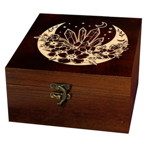 arricraft Aufbewahrungsbox Aus Holz Für Andenken 1 Stück Quadratische Tarotkartenbox Aus Kiefernholz Mit Halbmond Stern Und Blumenkristallgravurmuster Zur Aufbewahrung von Schmuckbrettern Jahrestag von arricraft