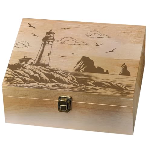 arricraft Erinnerungsbox Aus Holz Mit Leuchtturm Motiv Am Meer Knotenbox Aus Metall Mit Klappdeckel Und Schloss Dekorative Aufbewahrungsbox Versteckbox Für Foto Brief Souvenir Schmuck von arricraft