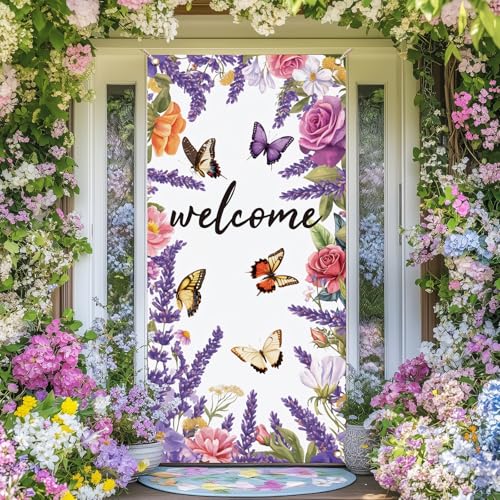 arricraft Türabdeckung Aus Polyester Mit Schmetterlings Lavendel Muster Buntes Willkommensthema Blumen Und Schmetterlings Hintergrund Banner Dekoration Für Die Veranda Im Innen Und Außenbereich von arricraft