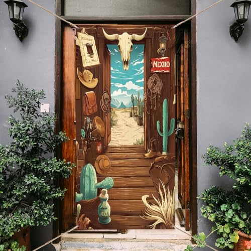 arricraft Türbanner „Western Cowboy“ – 1 Stück Holzhütte Kuhschädel Cowboy Ausrüstung Sattelstiefel Türschild Abdeckung Hintergrund Mottoparty Gastgeschenke Western Geburtstagsparty Zubehör von arricraft