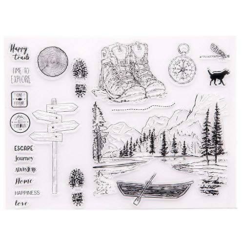 arriettycraft Happy Trails Time to Explore Berge Bäume Fußabdruck Abenteuer Reise Gummistempel Clear Stamps für Kartenherstellung Dekoration und DIY Scrapbooking Gummistempel zum Basteln von arriettycraft