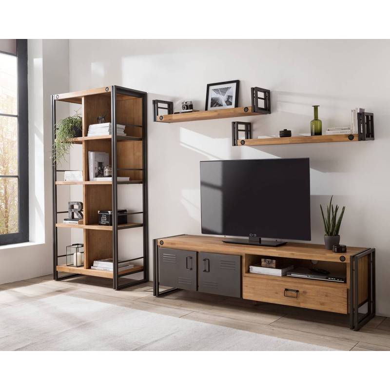 home24 Wandboard 2er-Set Böden: Massivholz Akazie, gebürstet & lackiert Gestell: Metall, pulverbeschichtet Braun 110cm von home24