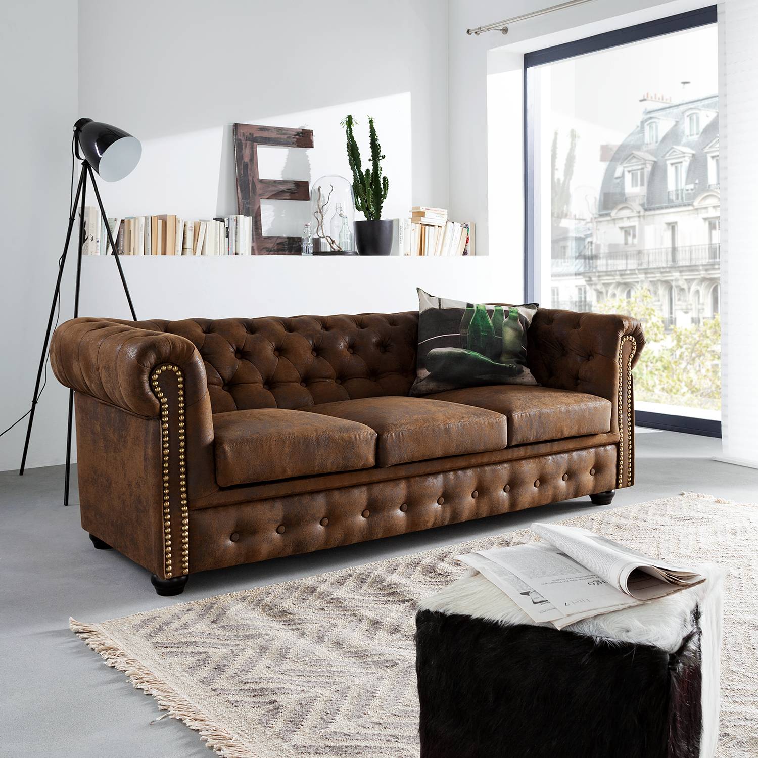 ars manufacti Sofa Torquay 3-Sitzer Braun Microfaser 196x72x88 cm (BxHxT) Industrial von home24