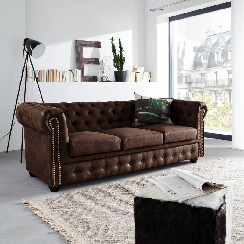 ars manufacti Sofa Torquay 3-Sitzer Dunkelbraun Microfaser 196x72x88 cm (BxHxT) Industrial von home24