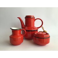 Winterling Set Kaffeekanne, Zuckerdose, Milchkännchen, Porzellan, Rot, Schwarzer Rand, 60Er , Volumen 1, 2 L von artAvintage