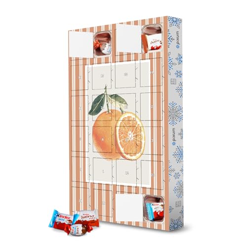 Adventskalender mit Produkten von Kinder® Orange im Orangenstreifenrahmen artboxONE Adventskalender Natur von artboxONE