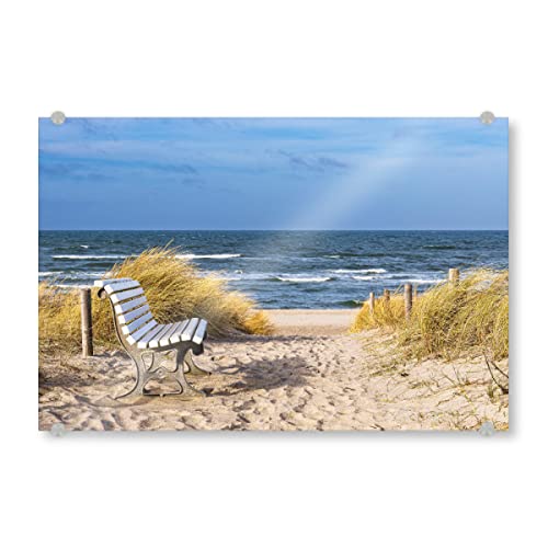 artboxONE Acrylglasbild 120x80 cm Natur Sitzbank am Meer Bild hinter Acrylglas - Bild ostsee düne dünengras von artboxONE