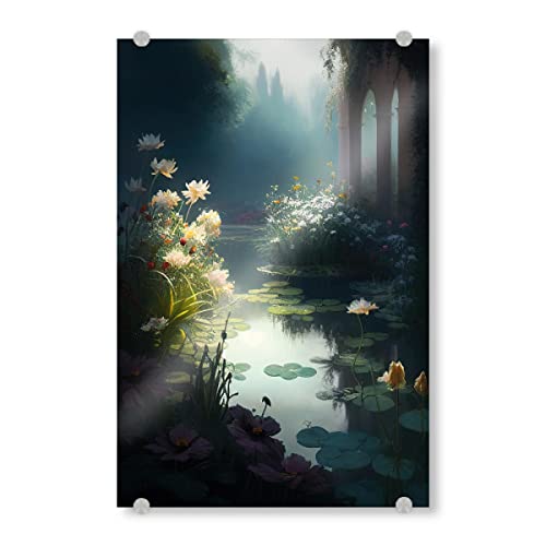 artboxONE Acrylglasbild 60x40 cm Natur Teich im Botanischen Garten Bild hinter Acrylglas - Bild Kunst aquarell Blumen von artboxONE