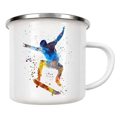 artboxONE Emaille Tasse Man Skateboard in Watercolor von Paul Rommer - Emaille Becher Sport von artboxONE