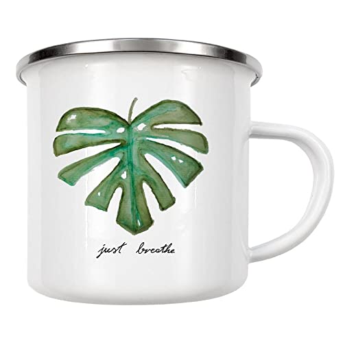 artboxONE Emaille Tasse Monstera - just Breathe von DetailLover - Emaille Becher Typografie von artboxONE