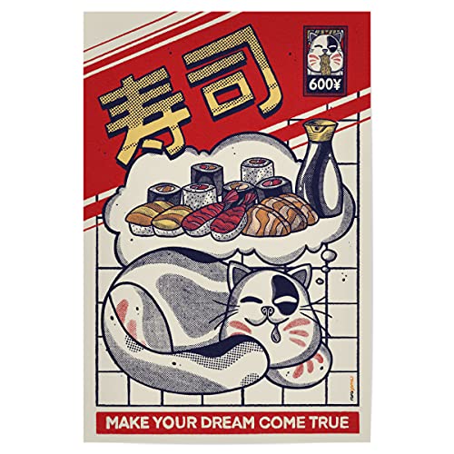 artboxONE Poster 30x20 cm Tiere Dreaming About Sushi hochwertiger Design Kunstdruck - Bild Tokyo Asia cat von artboxONE