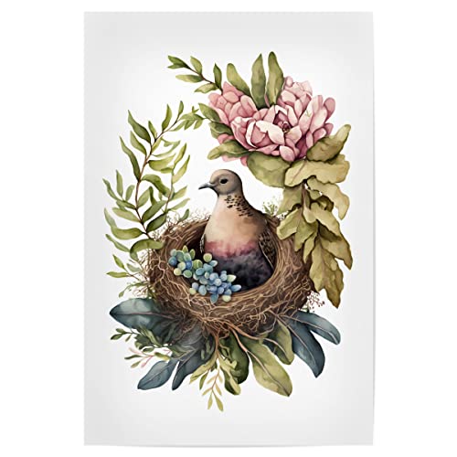 artboxONE Poster 45x30 cm Floral Nisttaube mit Blumen hochwertiger Design Kunstdruck - Bild Taube blumig botanisch von artboxONE