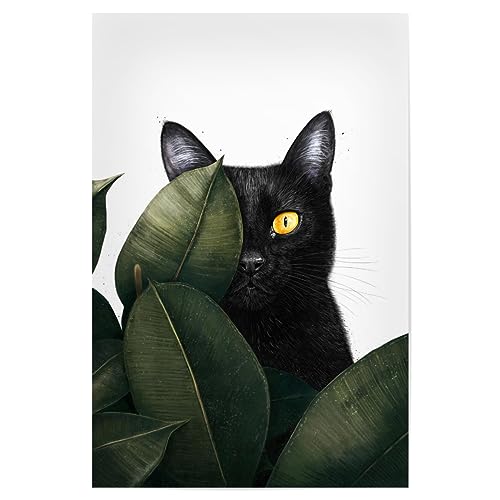 artboxONE Poster 45x30 cm Natur Schwarze Katze im Ficus hochwertiger Design Kunstdruck - Bild Katze ficus grün von artboxONE