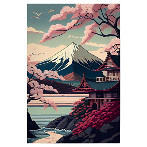 artboxONE Poster 60x40 cm Natur Kirschblüte - Tempel in Pink - Bild kirschblüte blütenblätter Cherry Blossom von artboxONE