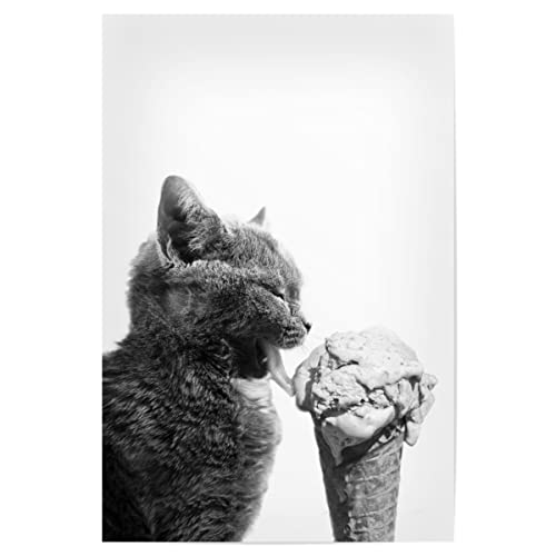 artboxONE Poster 75x50 cm Tiere Cat Loves Ice Cream hochwertiger Design Kunstdruck - Bild Katze blackandwhite cat von artboxONE