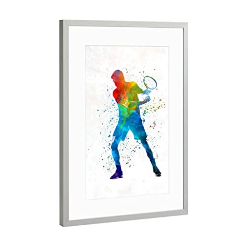 artboxONE Poster mit Rahmen Silber 75x50 cm Tennis Player in Watercolor-b von Paul Rommer - gerahmtes Poster von artboxONE