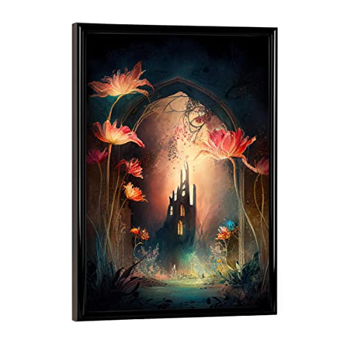 artboxONE Poster mit schwarzem Rahmen 18x13 cm Abstrakt Dunkle mystische Burg - Bild Kunst Blumen dunkel von artboxONE