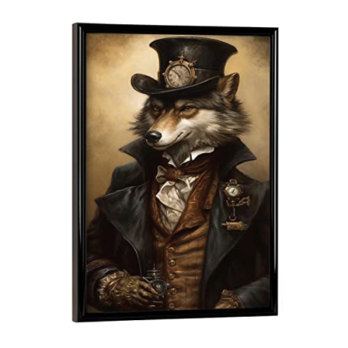 artboxONE Poster mit schwarzem Rahmen 18x13 cm Tiere Steampunk Grauer Wolf - Bild Wolf Gentleman Grauer Wolf von artboxONE