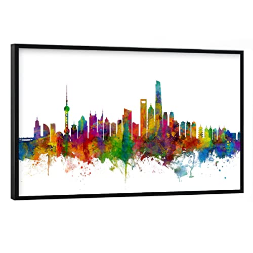 artboxONE Poster mit schwarzem Rahmen 30x20 cm Städte Shanghai China Skyline 2" - Bild Shanghai von artboxONE