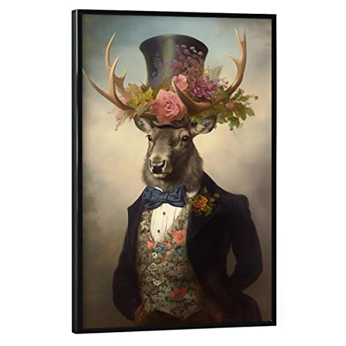 artboxONE Poster mit schwarzem Rahmen 30x20 cm Tiere Gentleman Hirsch mit Blumen - Bild Hirsch Blume Blumen von artboxONE
