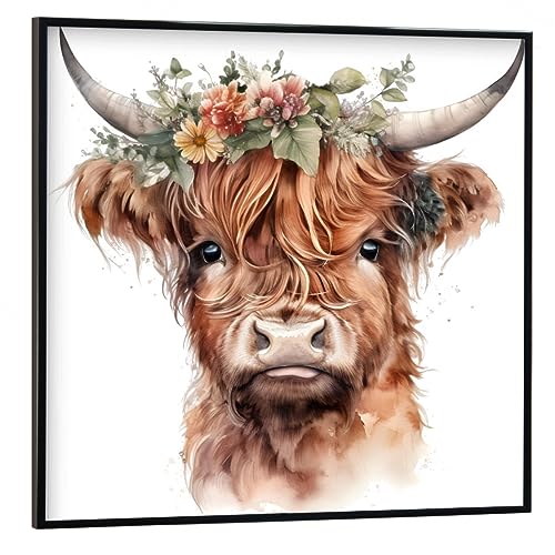 artboxONE Poster mit schwarzem Rahmen 30x30 cm Natur Hochlandkuhgesicht Z - Bild Kuh Blumen hochlandrinder von artboxONE