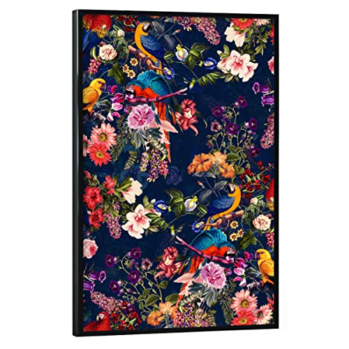 artboxONE Poster mit schwarzem Rahmen 45x30 cm Natur Blumen- und Vogelnacht - Bild Blumen Blumen Dschungel von artboxONE