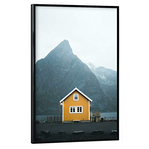 artboxONE Poster mit schwarzem Rahmen 45x30 cm Natur Yellow Hut Lofoten Islands Norway - Bild lofoten von artboxONE