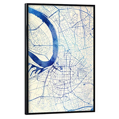 artboxONE Poster mit schwarzem Rahmen 45x30 cm Städte Du?sseldorf Deutschland Blue Infusion Map I - Bild städte von artboxONE