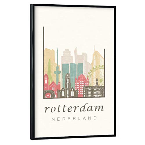 artboxONE Poster mit schwarzem Rahmen 45x30 cm Städte Rotterdam Pastel Skyline - Bild Rotterdam Holland Nederland von artboxONE