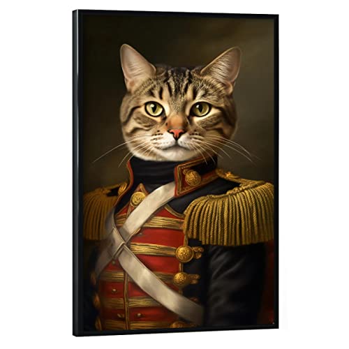 artboxONE Poster mit schwarzem Rahmen 45x30 cm Tiere Katze in viktorianischer Uniform - Bild Katze Armee Gentleman von artboxONE