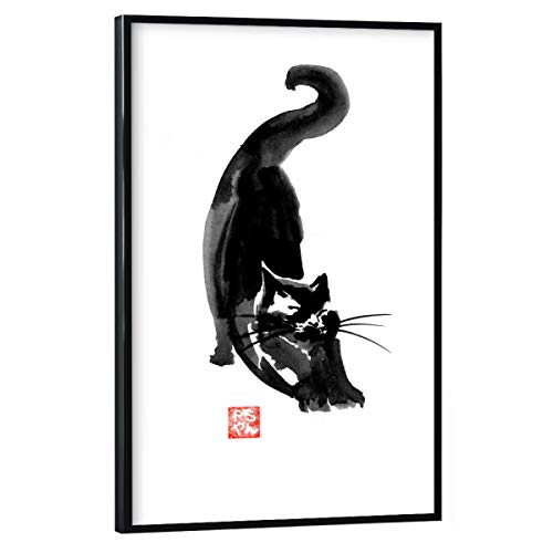 artboxONE Poster mit schwarzem Rahmen 45x30 cm Tiere Stretching cat - Bild cat Chat Japan von artboxONE