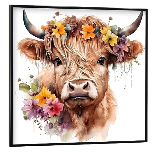 artboxONE Poster mit schwarzem Rahmen 50x50 cm Natur Hochlandkuhgesicht A - Bild Kuh Blume Blumen von artboxONE