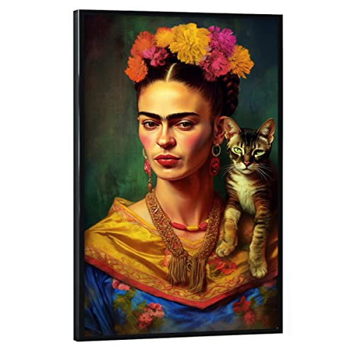 artboxONE Poster mit schwarzem Rahmen 60x40 cm Abstrakt Frida Kahlo mit Katze - Bild Frida Kahlo selbstportrait von artboxONE