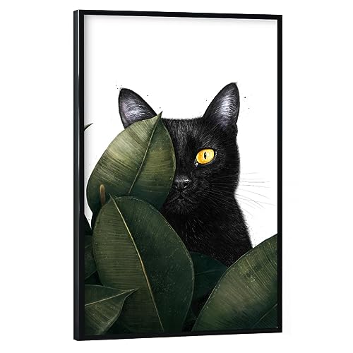 artboxONE Poster mit schwarzem Rahmen 60x40 cm Natur Schwarze Katze im Ficus - Bild Katze ficus grün von artboxONE