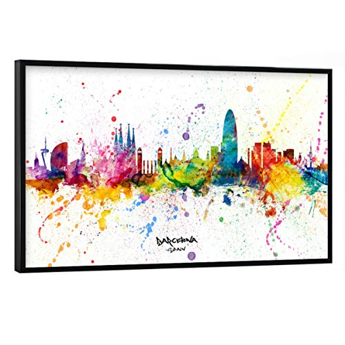 artboxONE Poster mit schwarzem Rahmen 60x40 cm Städte Barcelona Spain Skyline Splash - Bild Barcelona bunt City von artboxONE