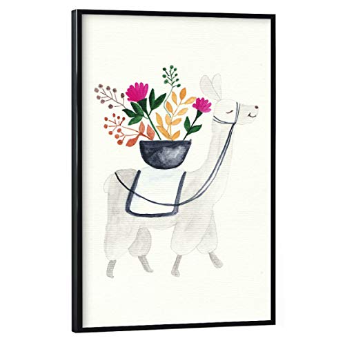 artboxONE Poster mit schwarzem Rahmen 75x50 cm Natur Das Blumenlama - Bild Blumen aquarell Illustration aquarellbild von artboxONE