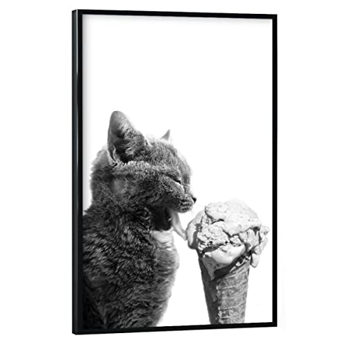 artboxONE Poster mit schwarzem Rahmen 75x50 cm Tiere Cat Loves Ice Cream - Bild Katze blackandwhite cat von artboxONE
