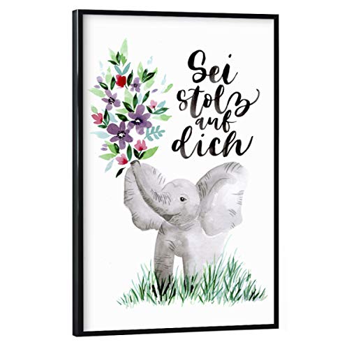 artboxONE Poster mit schwarzem Rahmen 75x50 cm Typografie Elefant mit Blumen - Bild Lettering brushlettering Elefant von artboxONE