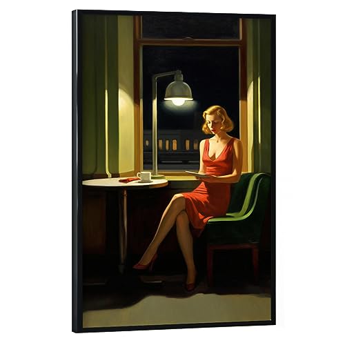 artboxONE Poster mit schwarzem Rahmen 90x60 cm Abstrakt Woman in red - Bild nachtschwärmer Edward Hopper von artboxONE