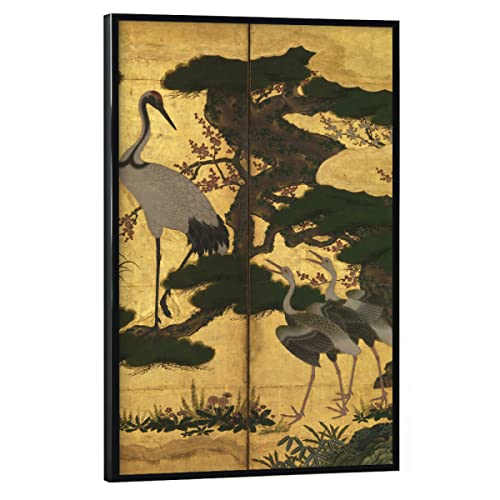 artboxONE Poster mit schwarzem Rahmen 90x60 cm Natur Kraniche in der Natur - Bild unbekannter künstler gemälde Japan von artboxONE