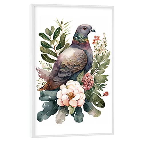 artboxONE Poster mit weißem Rahmen 30x20 cm Floral Taube mit Blumen - Bild Taube Blumen botanisch von artboxONE
